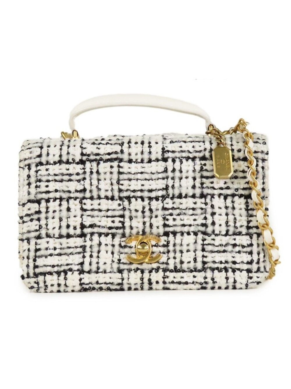 Chanel Top Handle Mini Flap Bag White Gold Lambskin Tweed 2-Way